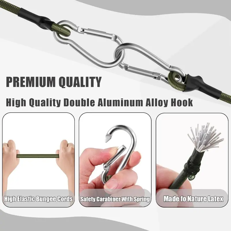 4pcs Heavy Duty Bungee Cords with Carabiner Hooks – 12 Inch Flexible Elastic Rope for Camping, Luggage, Cargo & More – Green, Black, Gray, White Straps with Metal Hooks, Durable and Versatile for Securing Loads, Travel Bag Strap Bungees 3