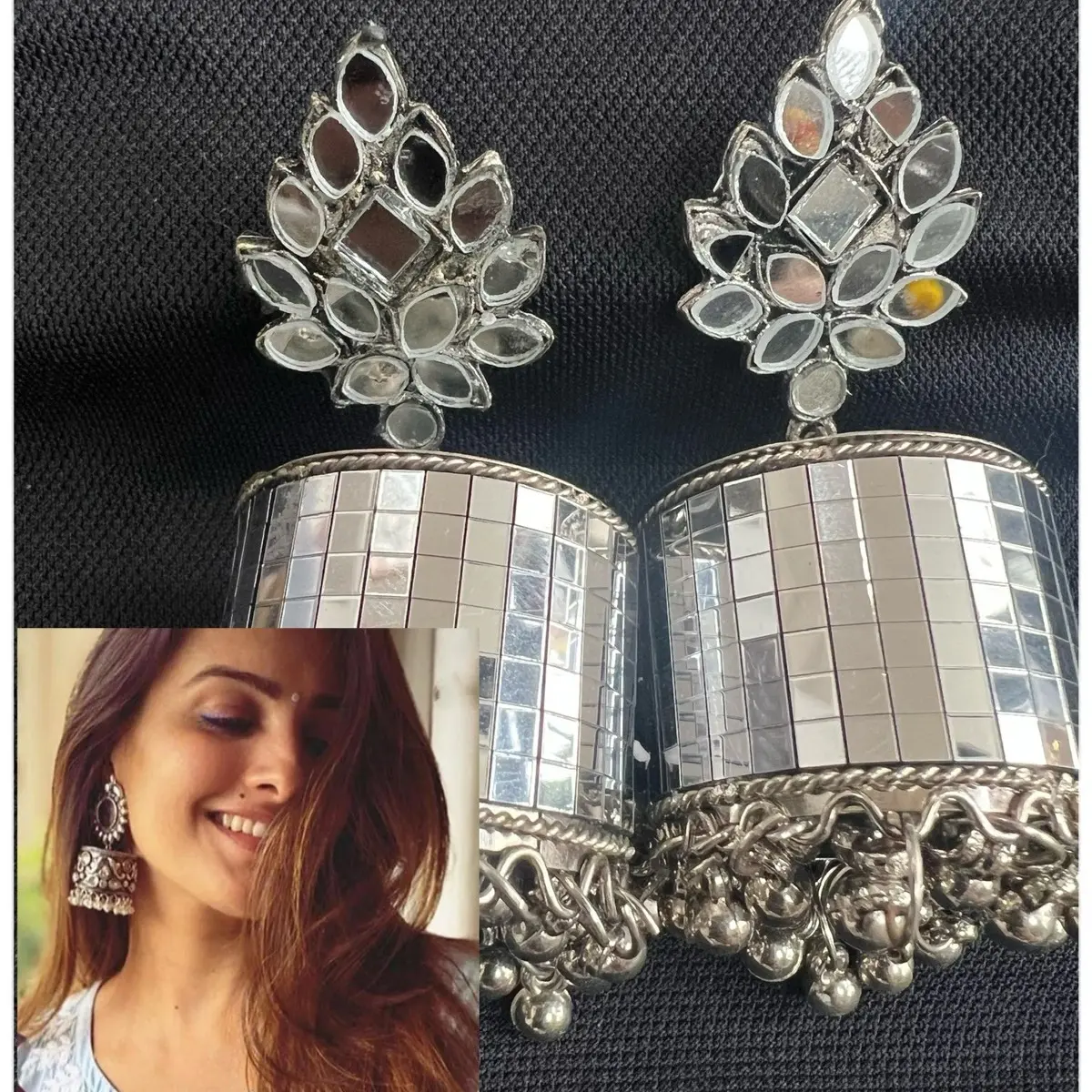 Anita Hassanandani Earrings /oxidised Silver Jhumkas/mirror earrings /Pakistani Earrings / bollywood Earrings /mirror Jewelry Gift for her