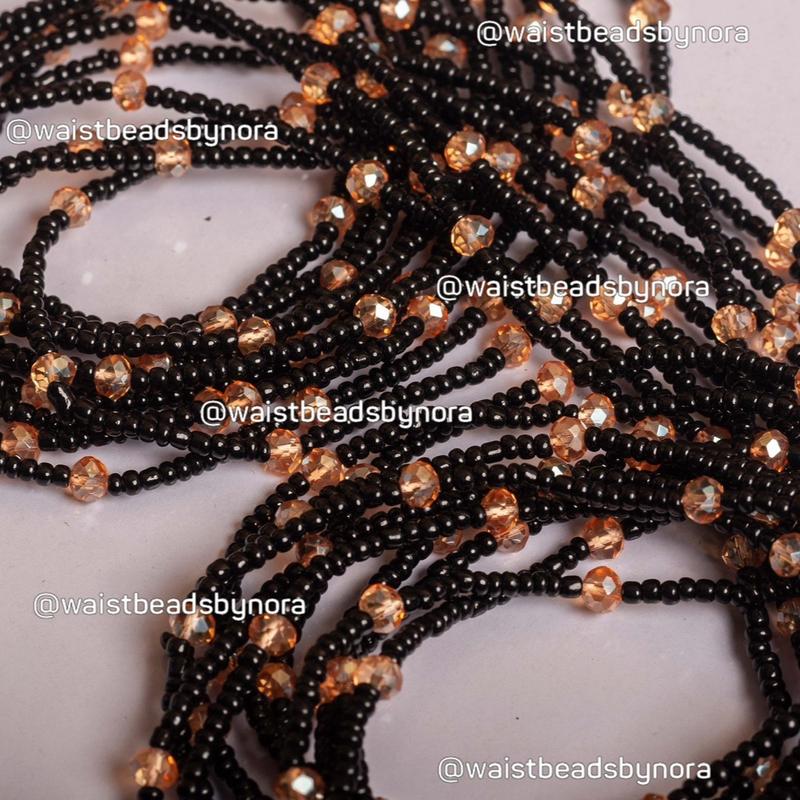 Black Waist Beads with Gold Crystals - Amina, Tie-On - 30 to 60 Inches 1