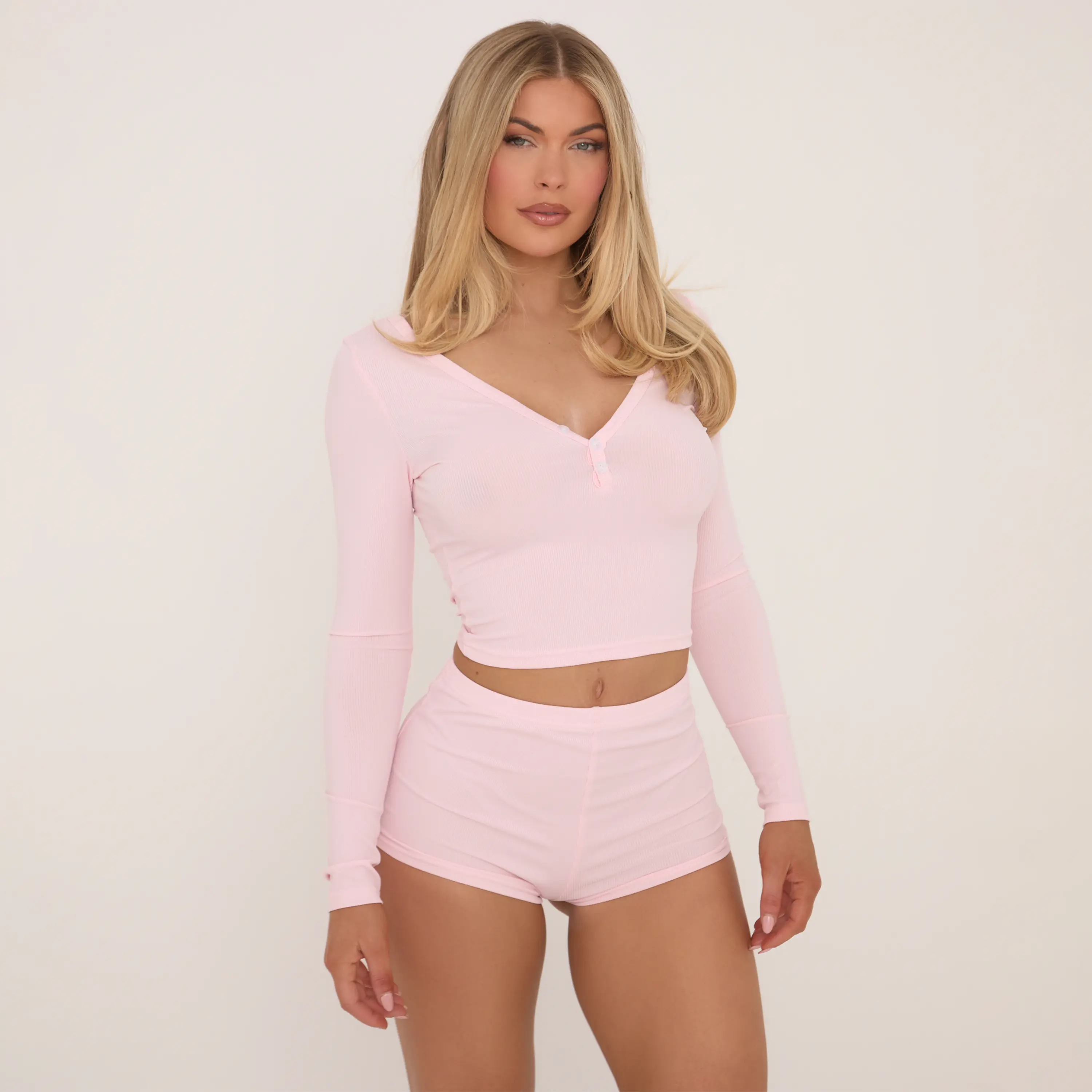 Long Sleeve Button Front Top And Shorts Pyjama Set