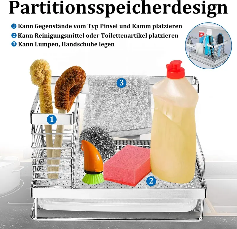 Lushhub Kitchen Silver/Black Steel Sink Organizer – Space-Saving Caddy with Drain Tray for Brushes, Sponges & Dispensers 2