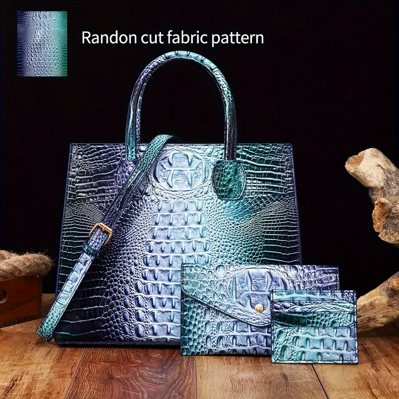 3pcs Gradient Color Crocodile Pattern Bag Set, Women Tote Handbag With Clutch Wallet, Credit Card Holder, Coin Purse 5