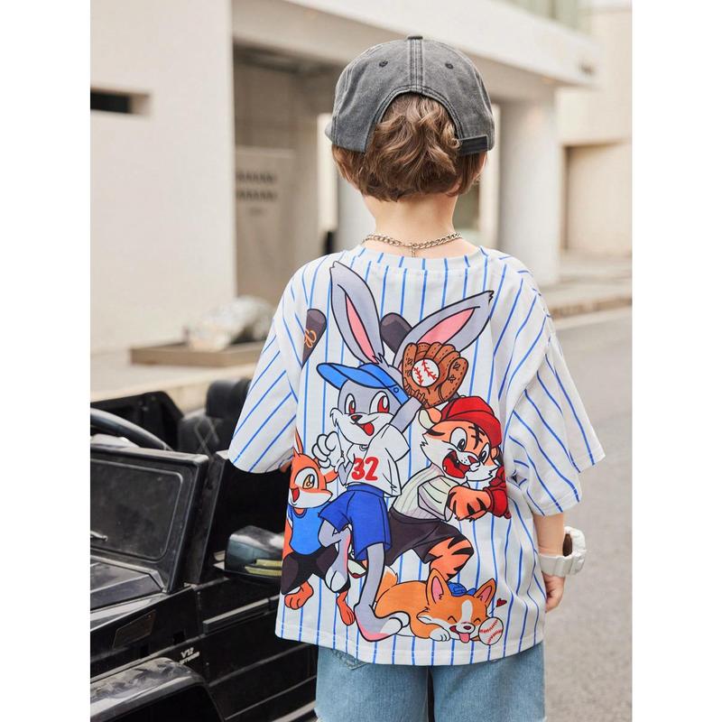 Young Boy 1pc Casual & Cute Vacation Cartoon Animal Group Print Ultra-Oversized Round Neck Drop Shoulder Short Sleeve White & Blue Striped T-Shirt, Suitable For Sports & Spring/Summer Seasons 5