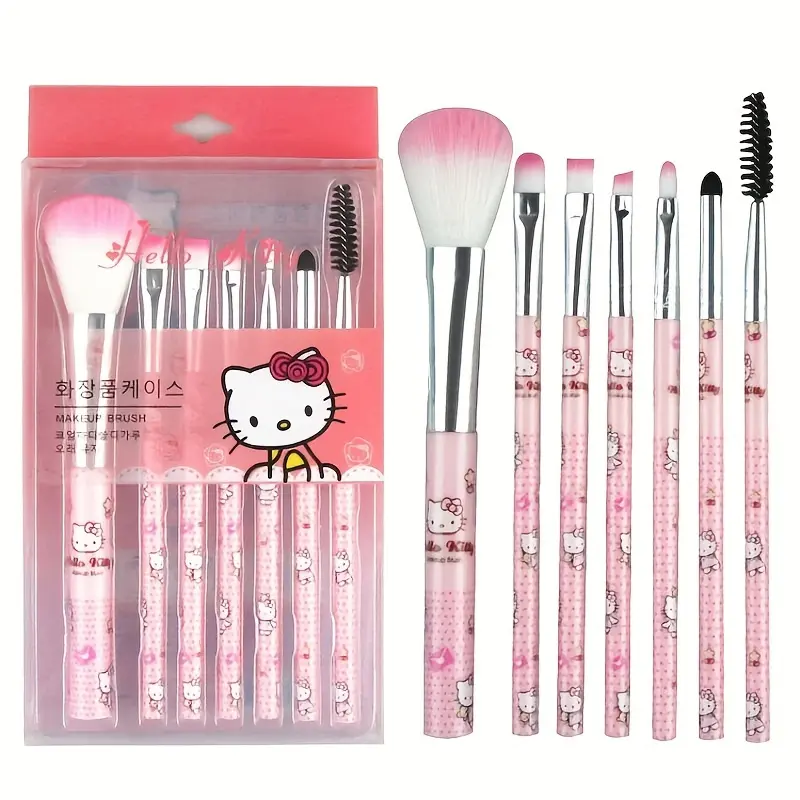 7pcs Hello Kitty Licensed Makeup Brush Set - Soft Pink Cosmetic Brushes for Blush, Eyebrow, Lip, Eyeshadow - Beauty Tools with Travel Case, Perfect Gift for Makeup Enthusiasts and Collectors