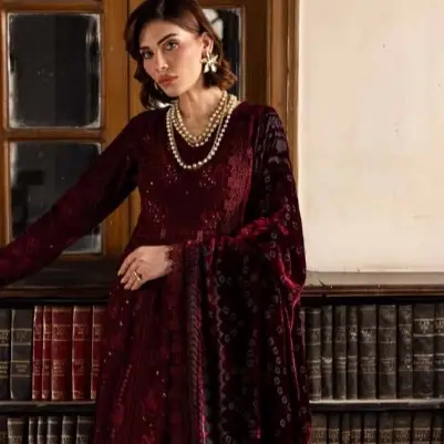Nureh Luxury Ready to Wear | Tailored Stitched | Embroidered Leather Peach Women's Womenswear Collection with Velvet Palachi Shawl and Dyed Leather Trouser - Soft, Asian Elegance Clothing Embroidery Dress Traditional Comfortable Elegant Suit 3