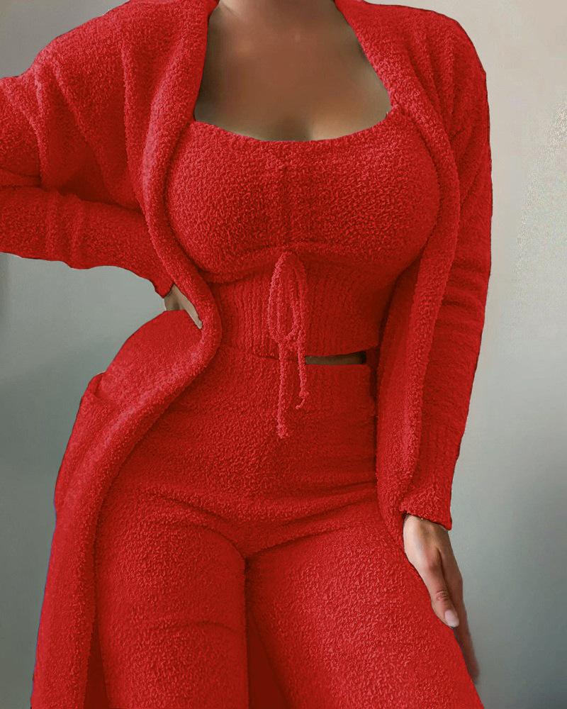 Product Introduction of 2025 New Autumn Winter Women's Plush Pajamas Set Crop Tops+Long Pants+Coat 3 Pieces Suit Homewear Matching Sets Warm Pyjamas Pjs 3