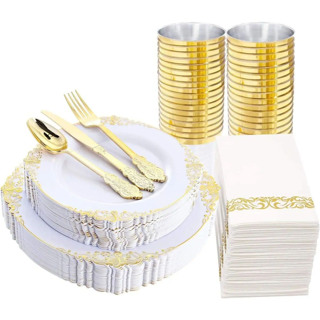 LATERN 175Pcs Multi-Use White and Gold Plastic Dinnerware Set, 25 Resuable Dinner Plates, 25 Salad Plates, 25 Knives, 25 Mini Forks, 25 Spoons, 25 Cups, 25 Napkins for Wedding Anniversary Garden Party