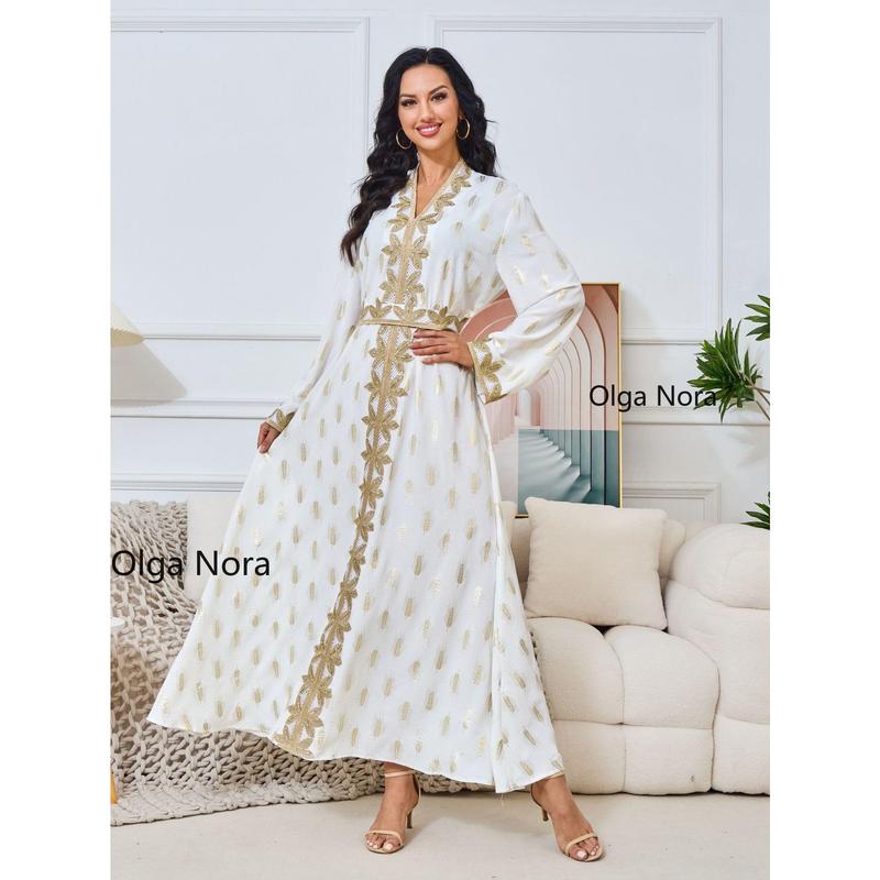 OLGA NORA ON1425ON Long Length Home Robe White Gold Plated Elegant V-neck Dress for 5'4-5'9 regular sleeve casual abaya  lover 6
