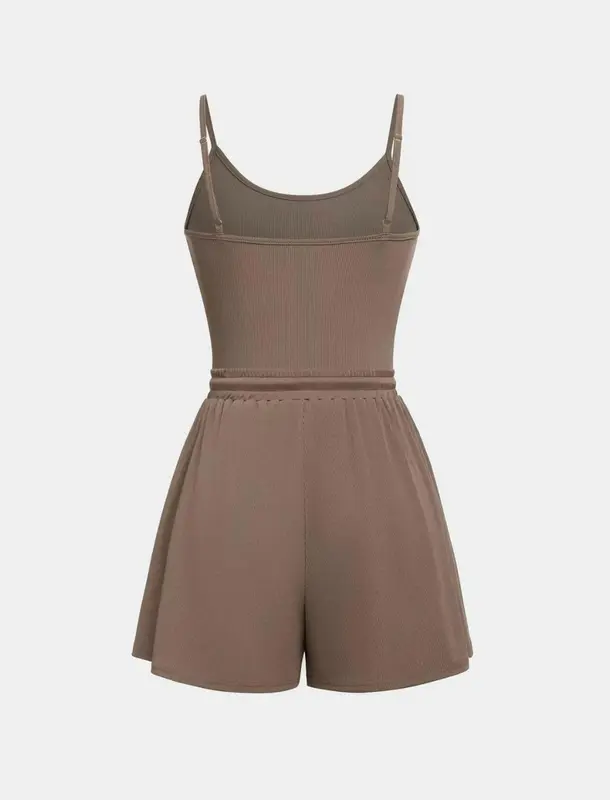 Women Abjustable Strap Cami Bodysuit & Drawstring Wide Leg Shorts Set, Casual Round Neck Sphaghetti Strap Bodysuit &Elastik Shorts Set, Back to School Womens Wear for Summer, Travel Adjustable Comfort 8