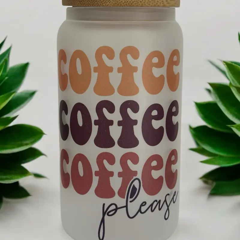 Coffee coffee coffee please design 16oz frosted glass can cup with bamboo lid and straw Drinkware glass Disposable Reusable 0