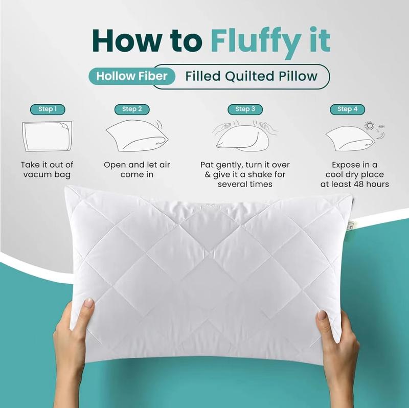 Quilted pillowcase - Quality stuffed pillow, down replacement pillow - Soft hollow fiber hotel pillow 1