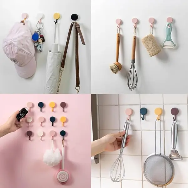 10 Pcs Colorful Adhesive Hooks for Bathroom Kitchen Cabinets Closets Strong Sticky Wall Hooks 3.3LB Weight Holding Power Round Kitchen Utensils, No Drill, No Punch Decorative Organiser Installation
