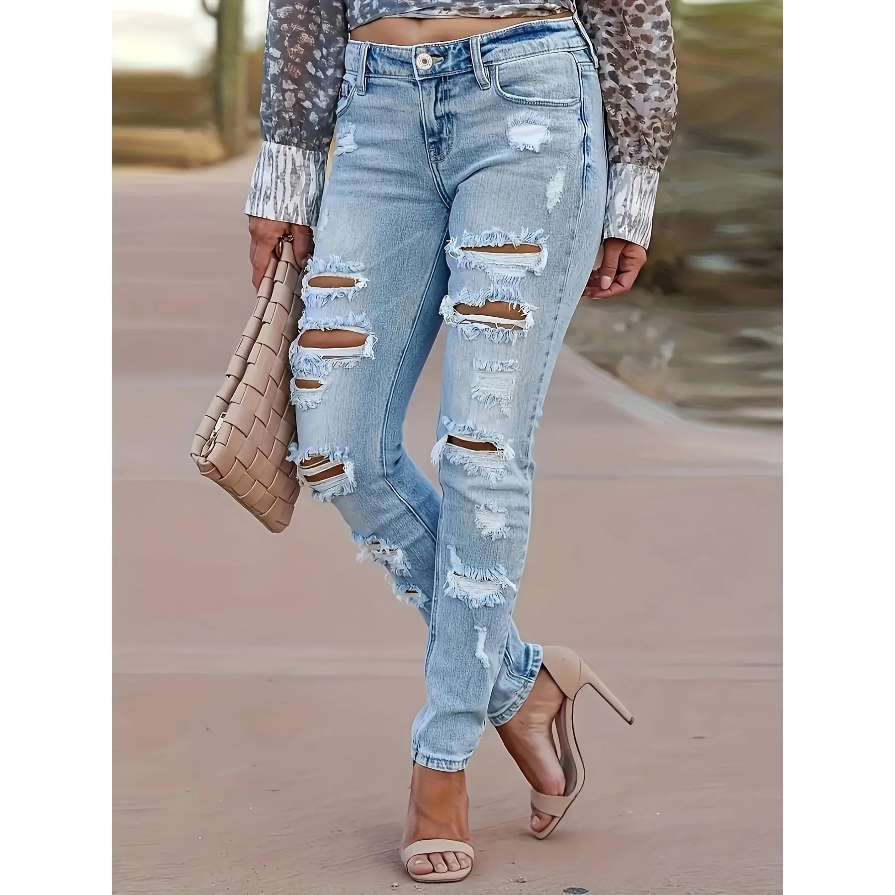 Ripped Holes Washed Skinny Jeans, Slant Pockets Stretchy Denim Trousers, Women's Denim Jeans & Clothing