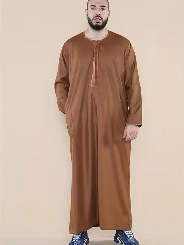 Mens Thobe Jubba Islamic Clothing Muslim Kaftan Emirati Omani Robe Arab Tassel
