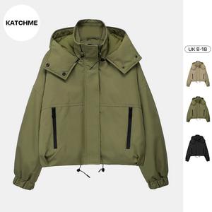 KatchMe Women's Oversize Waterproof Street Stand Collar Hooded Zip-Up Long Sleeve Short Trench Coat with Toggle, Plain Outerwear Jacket, Fall & Winter Streetwear