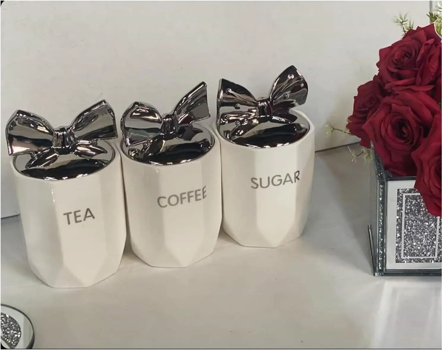 Perldor Set Of 3 Jars Silver Bow Lid Canister Container Airtight Jar For Tea Coffee Sugar Storage Marble Effect (White)