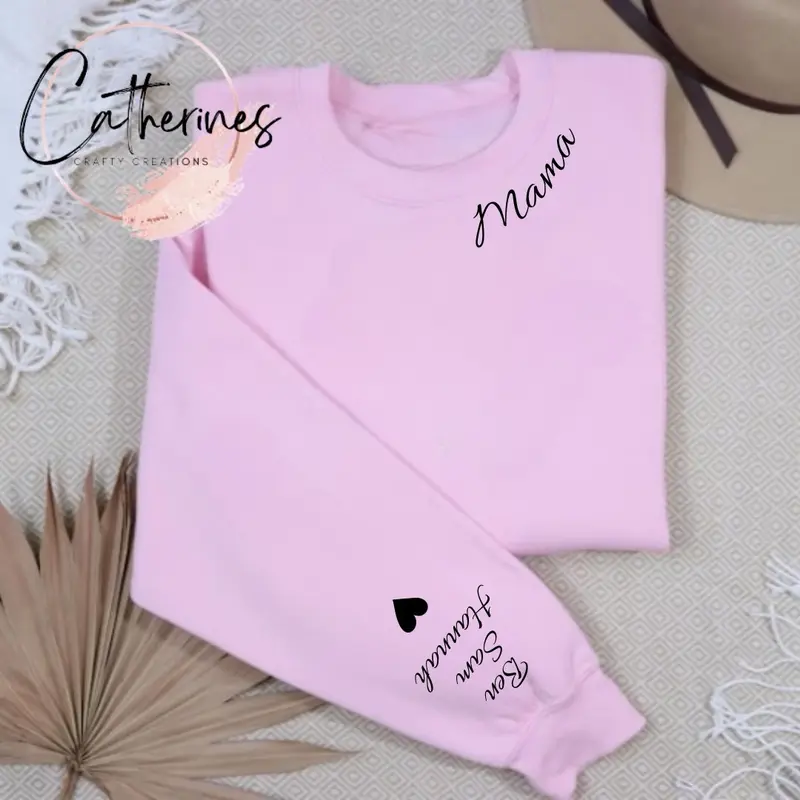Personalised mama/mum/mummy jumper with children’s names on the sleeve Heart Soft Womenswear Day Hoodie Sweaters Tops, name around the neck 3