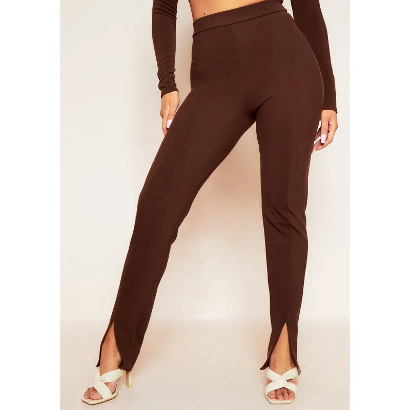 Jaz Chocolate Ribbed Split Front Leggings 1