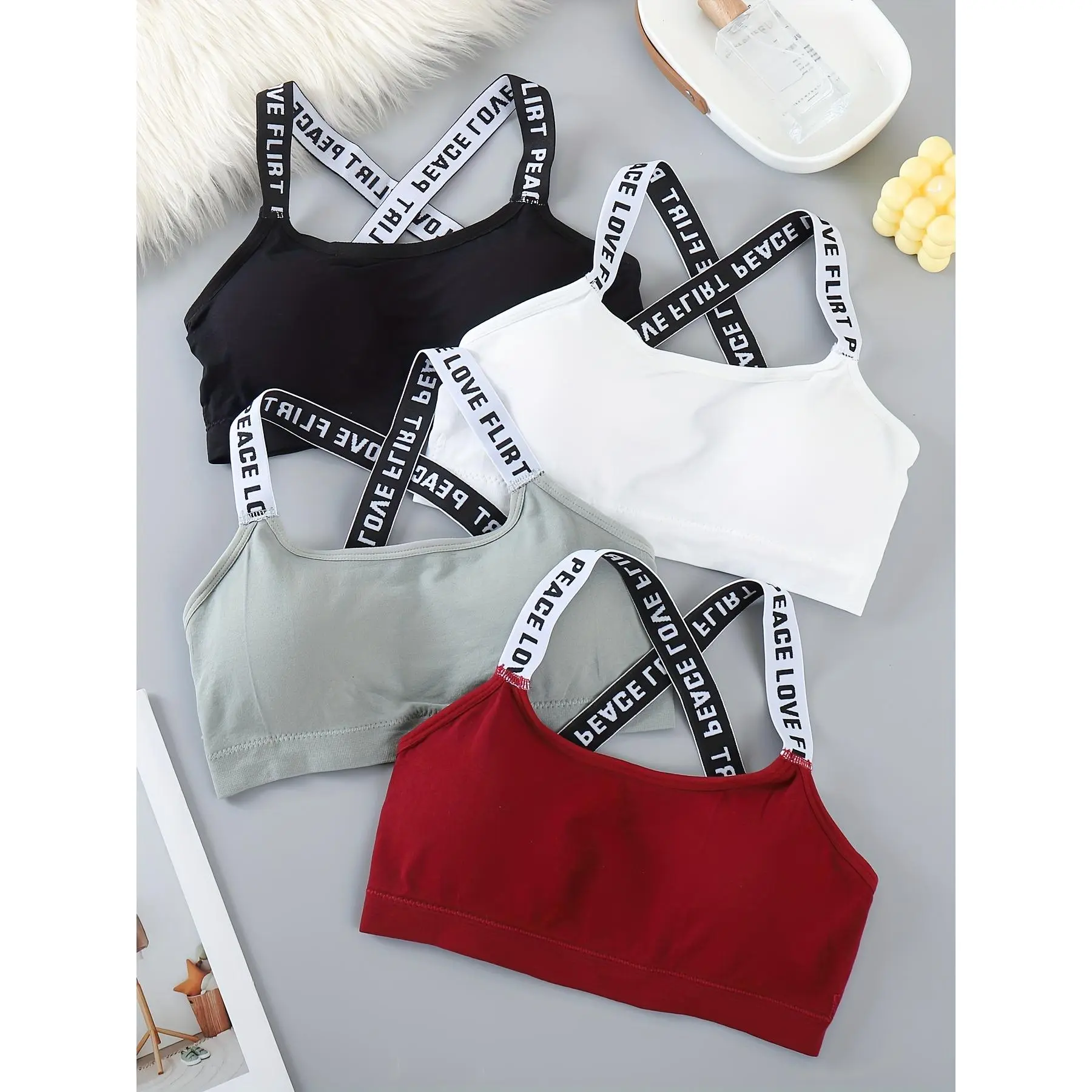 Comfortable And Breathable Set of 4 Lettered Sports Bras, Sleeveless Round Neck Activewear - Shockproof Running And Yoga Sports Underwear, Padded Wireless Women's Lingerie And Multi-Pack Sports Bras