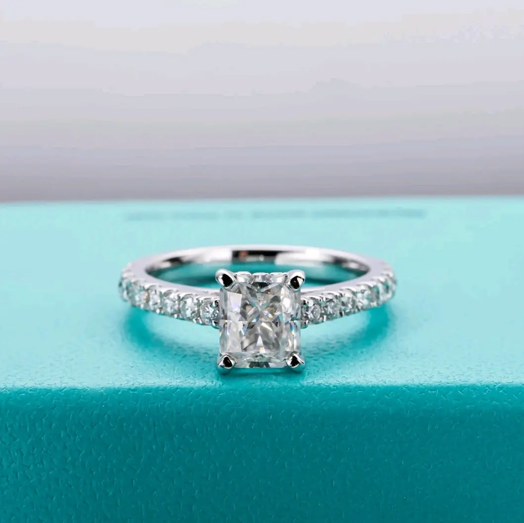 1.5ct D VVS1 Radiant Cut Moissanite Ring with GRA Certificates - 18k White Gold Vermeil Plate over 925 silver.