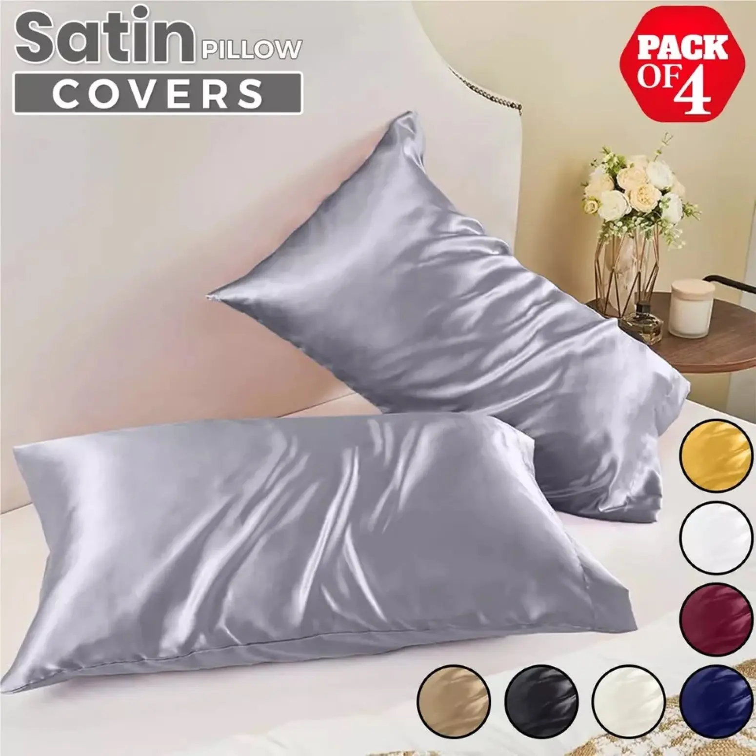 2 Pack Satin Silk Pillowcase For Hair & Skin Pillow Cases Cover Bedding Pair UK