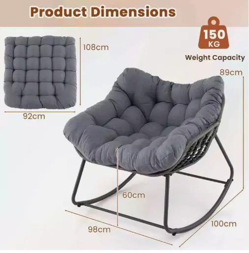 Rocking Egg Chair Oversized Indoor-Outdoor - Comfortable PE Wicker Patio Lounge Chair in Grey 8