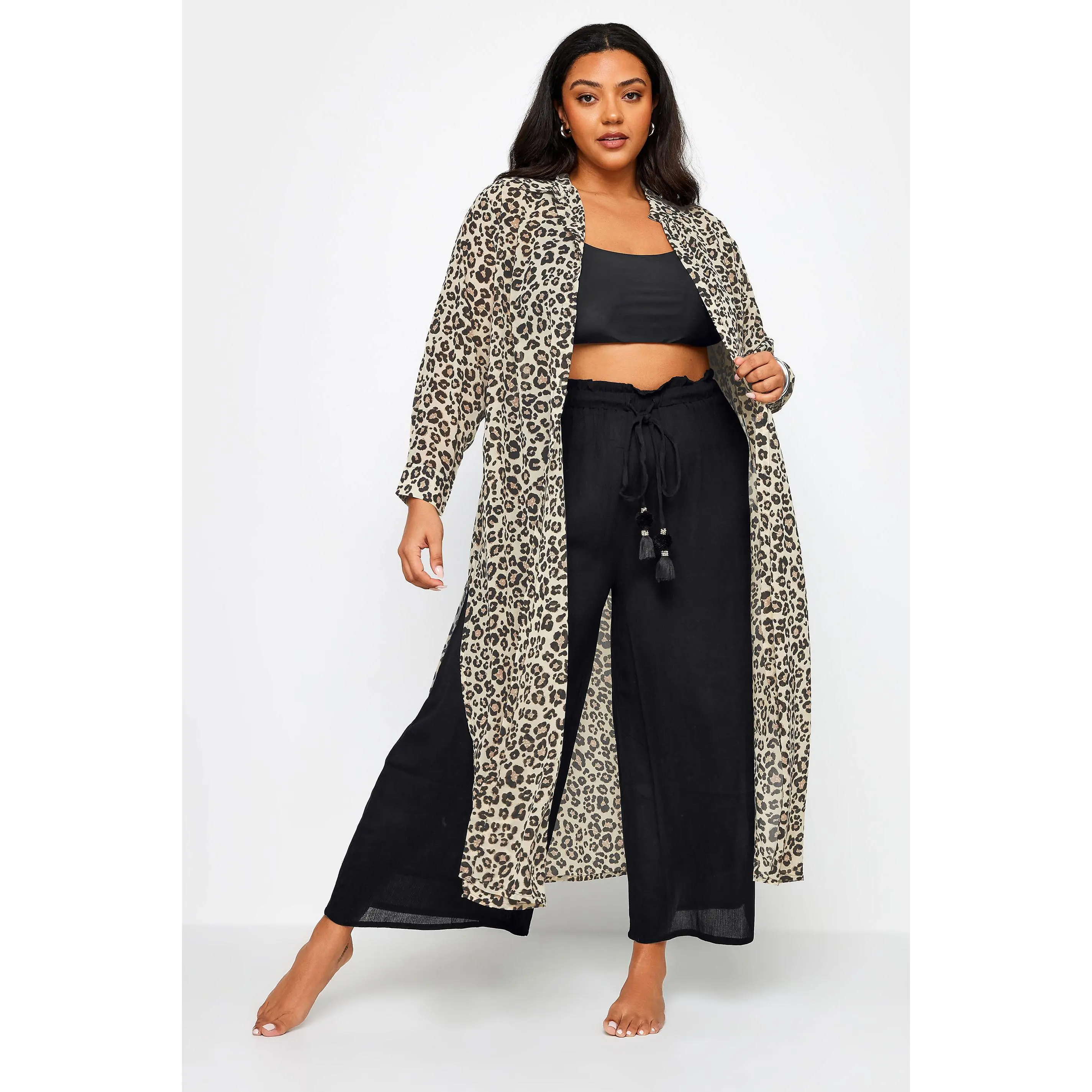 YOURS Curve Natural Brown Leopard Print Longline Beach Shirt