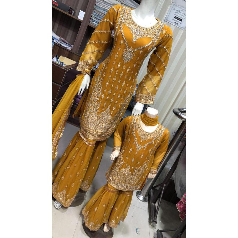 ShaZaib | Embroidered Chiffon Shararah Mother & Daughter Readymade | SZ191 (Mustard) 0