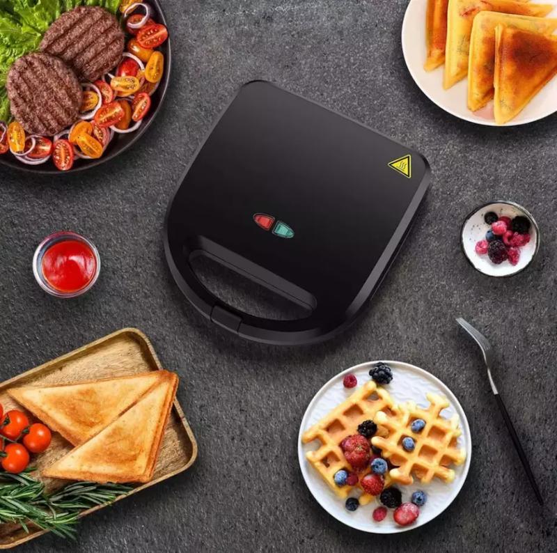 3-in-1, SANDWICH TOASTER WAFFLE MAKER IRON TOAST PANINI PRESS NON-STICK Interchangeable Non-Stick Cooking Plates, Waffle, Panini Press, Snack Maker, Toastie Sandwich Toaster, LED Indicator Lights, 750 W, Black 4