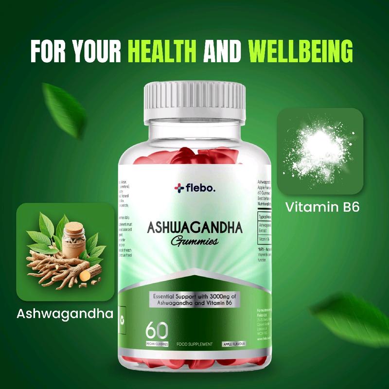 Flebo Vegan Ashwagandha Gummies | 60 Two-a-Day Gummies | Natural Stress and Anxiety Relief | High Strength Ashwagandha with Vitamin B6 | Apple Flavour Healthcare Fitness Dietary 5
