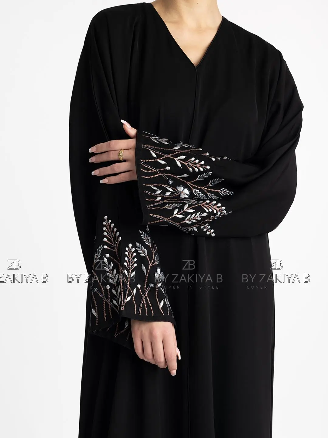 Stylish Black Closed Abaya with Embroidery Design and Handwork on Sleeves - Muslim Women's Clothing