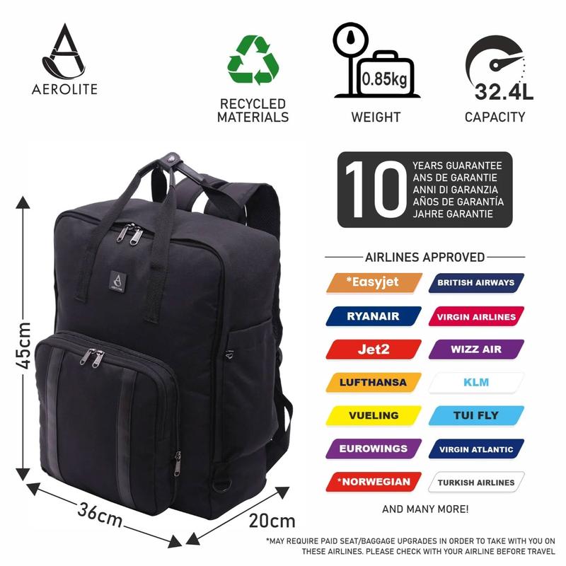 Aerolite 45x36x20cm Easyjet Maximum Eco-Friendly Super Premium Quality  With Removable Small Carry Pouch Recycled Eco-Friendly, Shower-Resistant Cabin Luggage Approved Travel Carry On Flight Rucksack with 10 Year Warranty backpack touchy 4