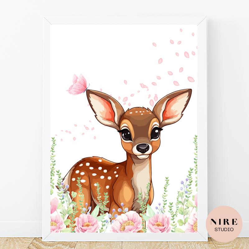 Set of 3 deer prints, baby girl nursery personalised print, woodland animal print 1