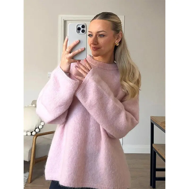 Casual Brown O-Neck Knitted Cashmere Pullover Women Fashion Full Sleeve Loose Commute Jumper 2024 Autumn Lady Street Outerwears 8