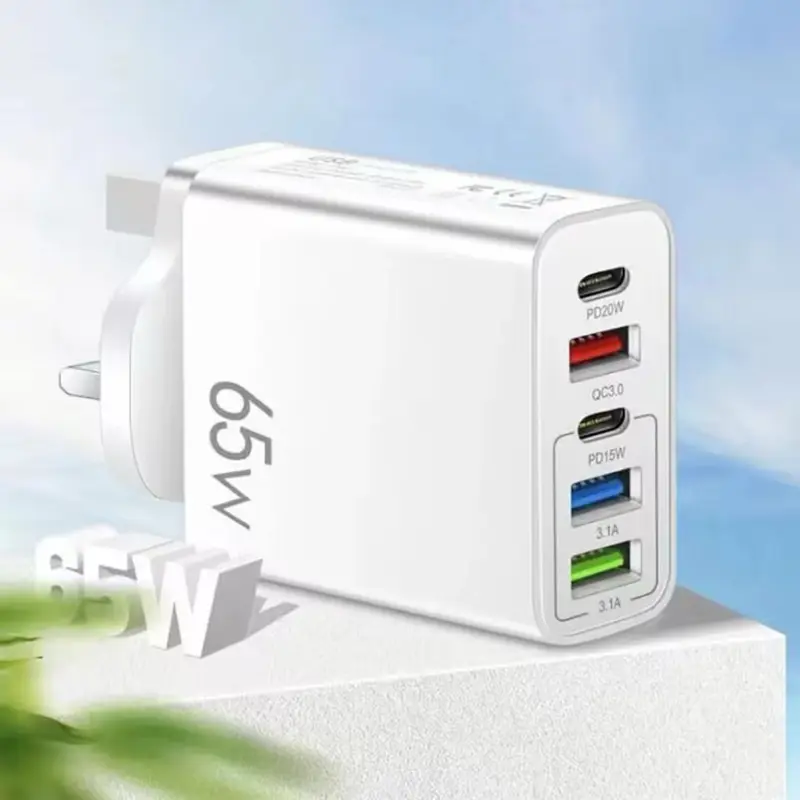 65W Quick Charger with 5 Port USB-C PD Type C UK Plug for Smartphones and Cellphones Adapter Charging Electronic
