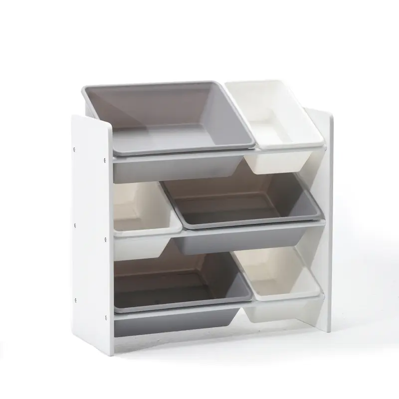 Kids Wooden Toy Storage Shlef with 6 Removable Plastic Bins - White Organiser Racks for Kids Play Room, Storage Shelf 2