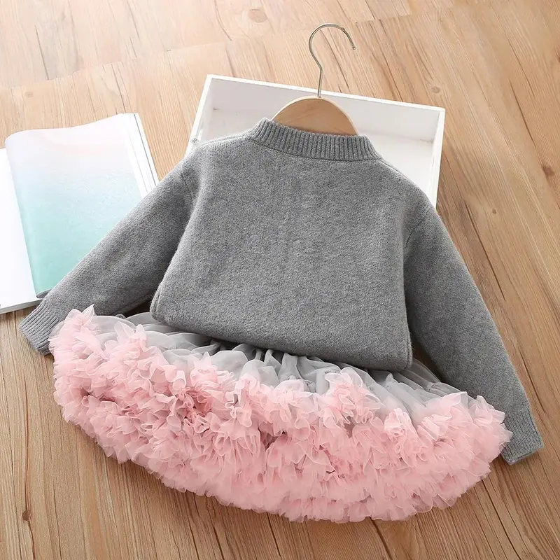 Spring Autumn Girls Clothing Set 2-6 Y Pink Heart Sweaters And Tulle Skirt 2Pcs Children's Knitwear Suit Kid's Outwear 1