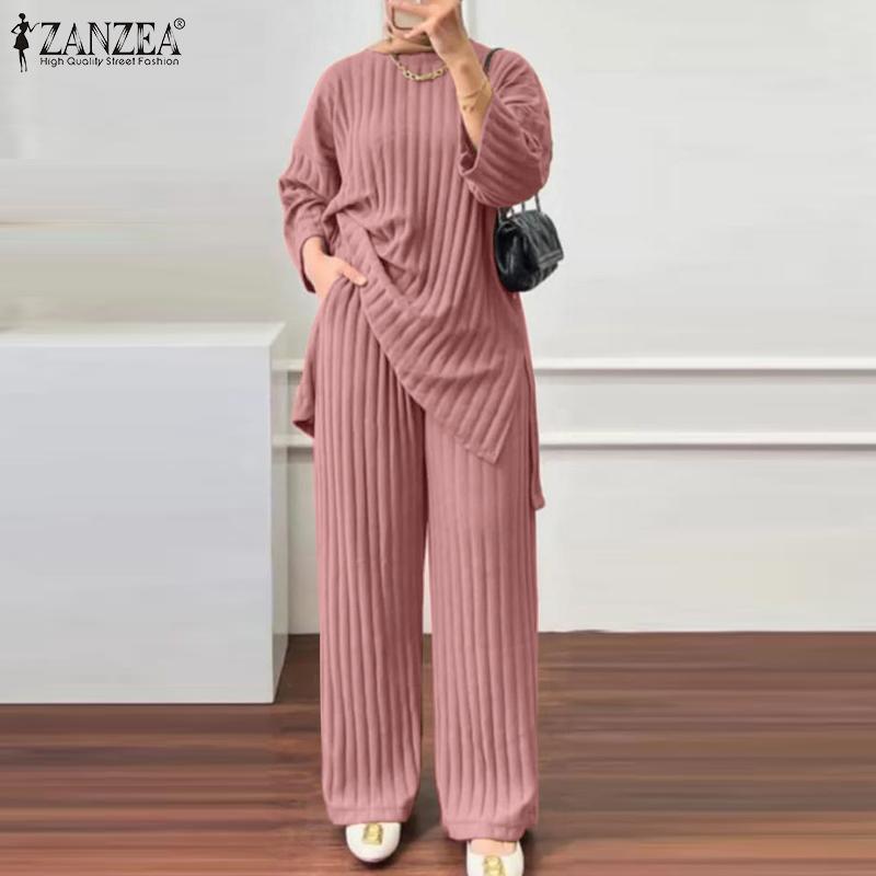 Product Introduction of Long Sleeve Blouse Wide Leg Pants Sets ZANZEA Women Matching Sets Solid Islamic Clothing Muslim Tracksuit Outifits 2PCS 8