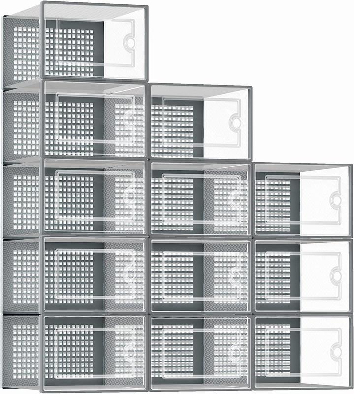 Shoe Storage Box, 12 Pack Clear Transparent Shoe Storage Boxes Hard Plastic Stackable Organiser Containers Bins, DIY Easy Assembly, Sturdy & Durable, Space Saving, Grey Door Frame 1