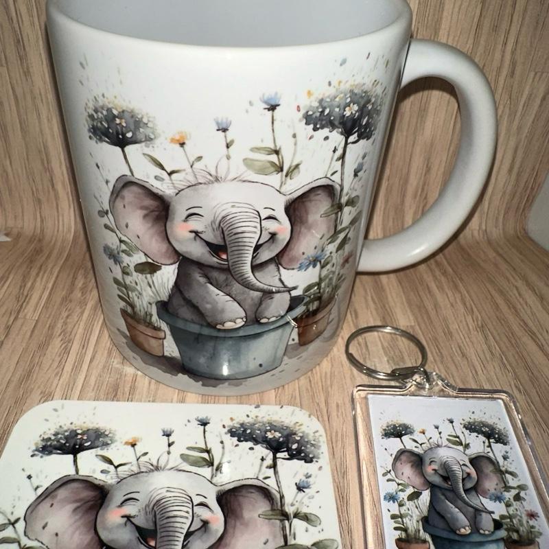 Smiley elephant mug gift set, Elephant gift, Elephant Mug Ceramic Drinkware Printed Reuse Washable Reusable 1