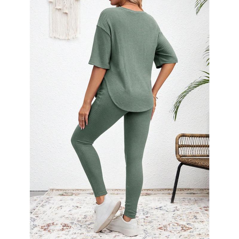 2pcs/Set Maternity Solid Crew Neck Short Sleeve Top And Casual Pants 1