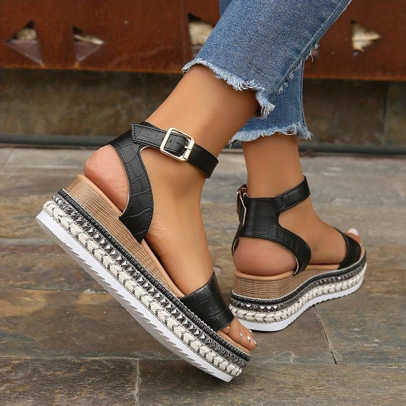 Product Introduction of Women's Platform Wedge Sandals, Rivet Open Toe Ankle Buckle Strap Espadrilles Shoes, Casual Outdoor Sandals 6