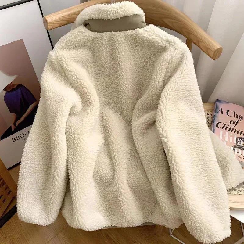 Fashion Lamb Plush Jacket Women's Autumn Winter New Pocket Zipper Long Sleeve Loose Stand Collar Comfort Warm Jacket for Women 2