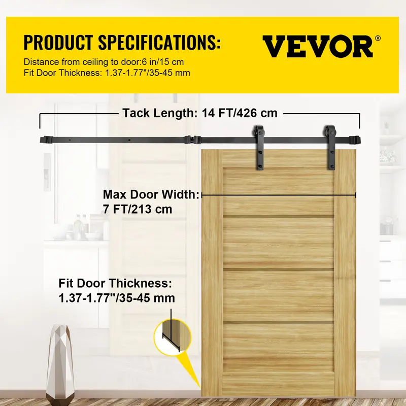 VEVOR Sliding Barn Door Hardware Kit, 14FT Barn Door Kit, 330LBS Load-Bearing Double Barn Door Hardware Kit, Carbon Steel Barn Door Track, Darn Door for 1.37-1.77" Thickness & 7FT Wide Door Panel 6