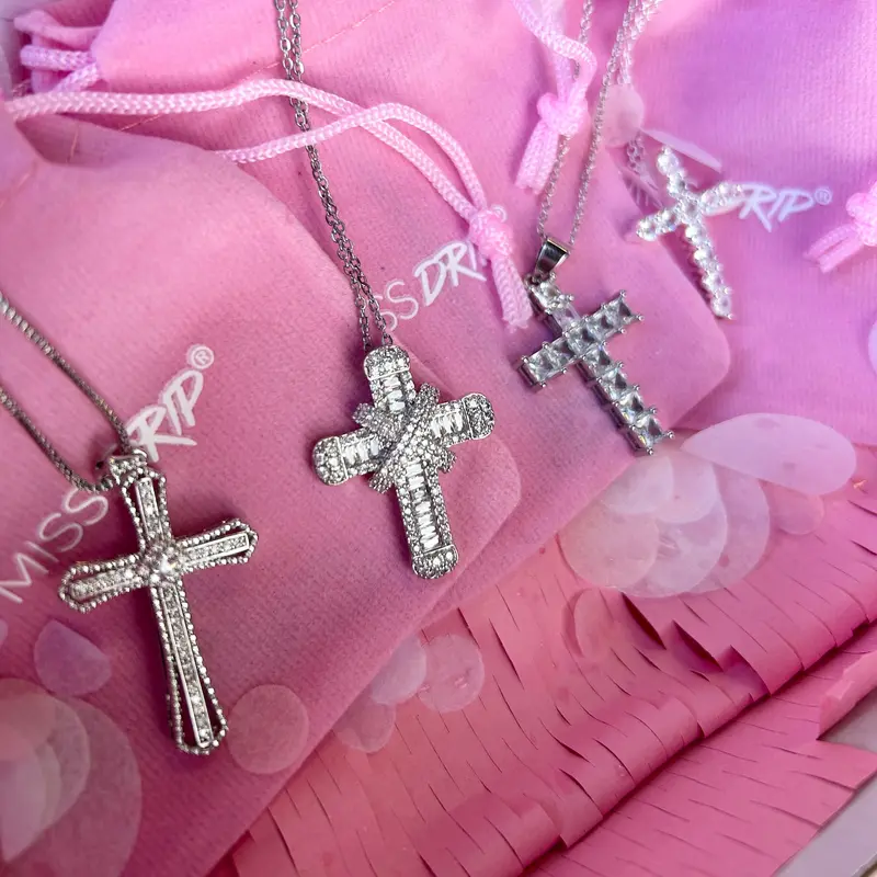 Miss Drip Silver Zirconia Cross Necklaces Pendant With Chains ( X1 CROSS NECKLACE) 0