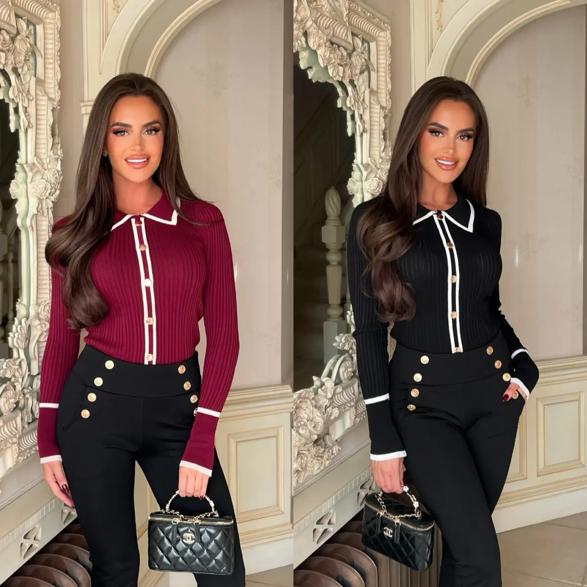 CLANCOFRANKO ‘Kayla’ Gold Button Collar Ribbed Top