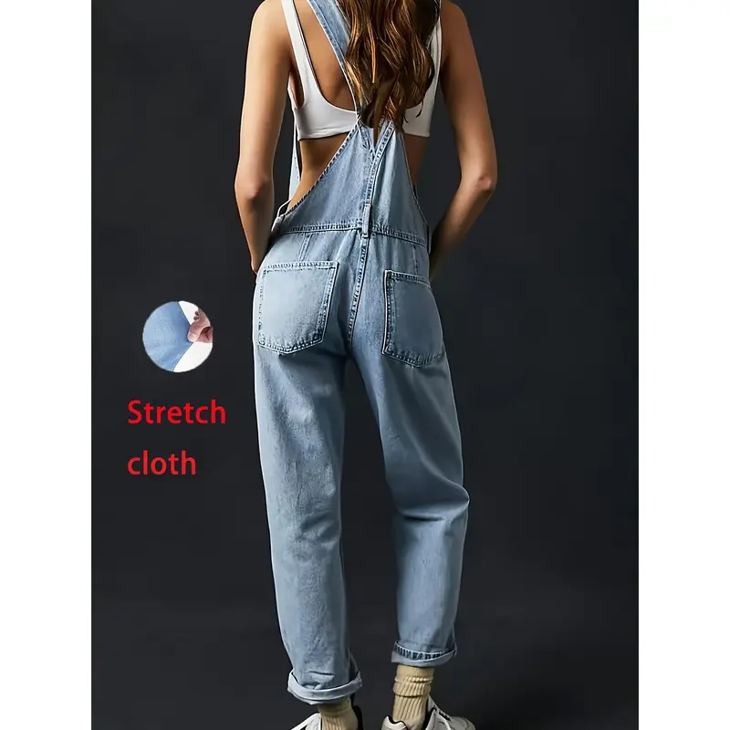 Women's Casual Denim Overalls, Rayon Blend, Solid Color, Long Length, Regular Fit, with Strappy Back Detail, for All-Season Woven Fabric, Casual Denim Wear|Stylish Strappy Overalls|Rayon Blend Fabric 2
