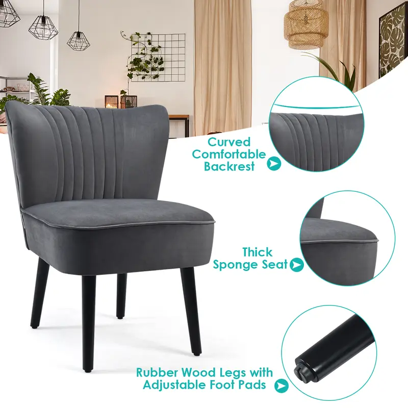 COSTWAY Velvet Accent Chair Set of 2 Modern Leisure Chair with Rubber Wood Legs 7
