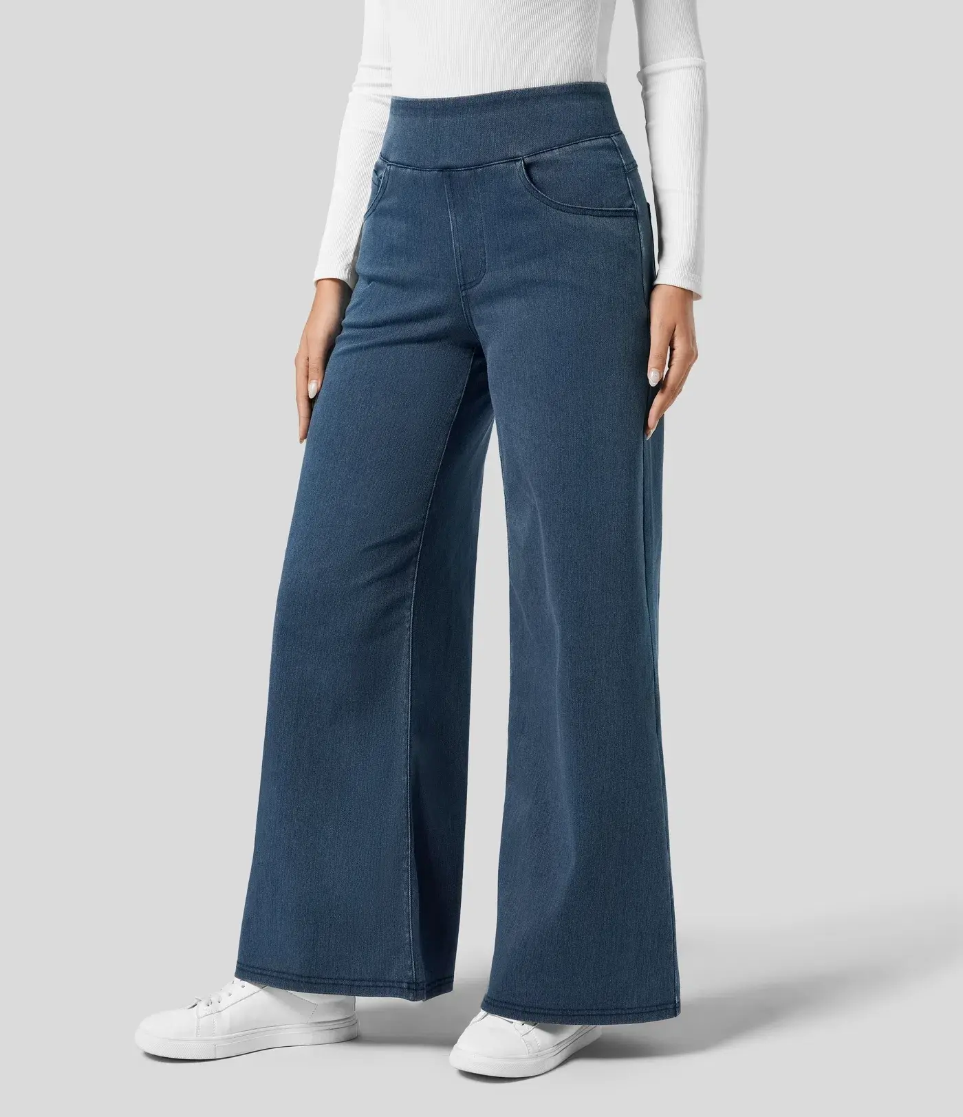 2025 Women's Plain High Waisted Multiple Pockets Wide Leg Loose Stretchy Knit Work Jeans, Button free, Jeans for all seasons, Comfortable jeans for women, Tall/petite stretchy loose jeans #springtok
