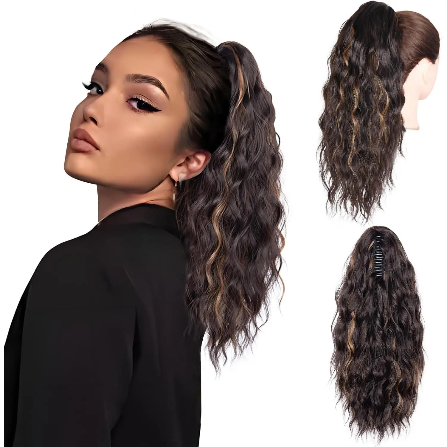 18 inch Highlight Ponytail Extension, Multi Layered Hair Extensions Clip in, Long Hair Pieces for Women, Natural Synthetic Clip in Ponytail Hair Extensions (Black Brown Highlighted Caramel Blonde)